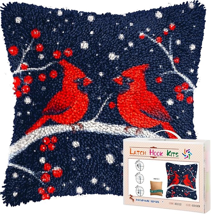 DIY Latch Hook Pillow Kits for Adults Merry Christmas Red Cardinal Birds Pillow Cover Printed Pillowcase Crochet Yarns Hooking Handmade Cushion for Home Sofa Decoration 17x17inch(25)