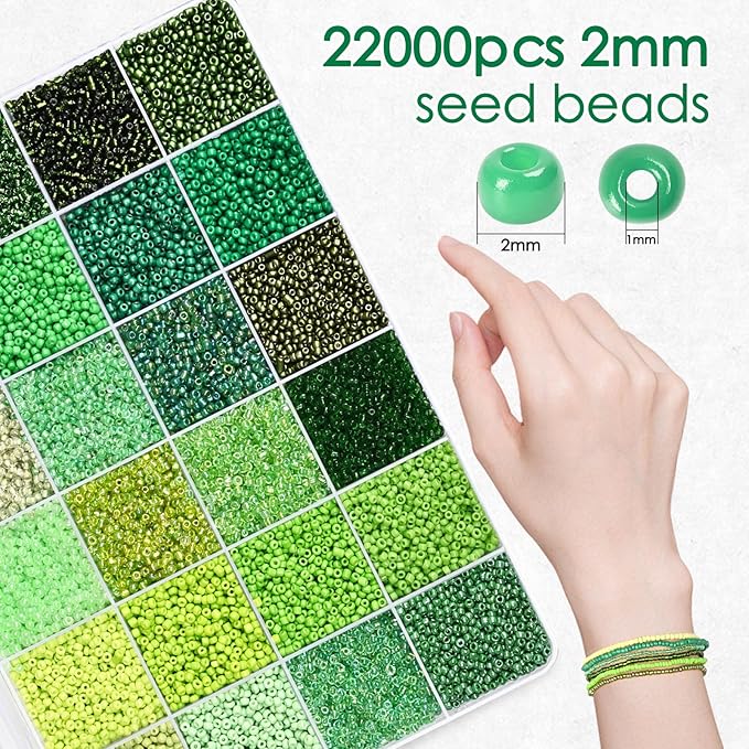 Vtssvow 2mm Glass Seed Beads for Bracelets Making, 24 Colors 22000pcs Friendship Bracelet Making Kit, Small Glass Beads for Jewelry Making (Mix 24 Color, Green)
