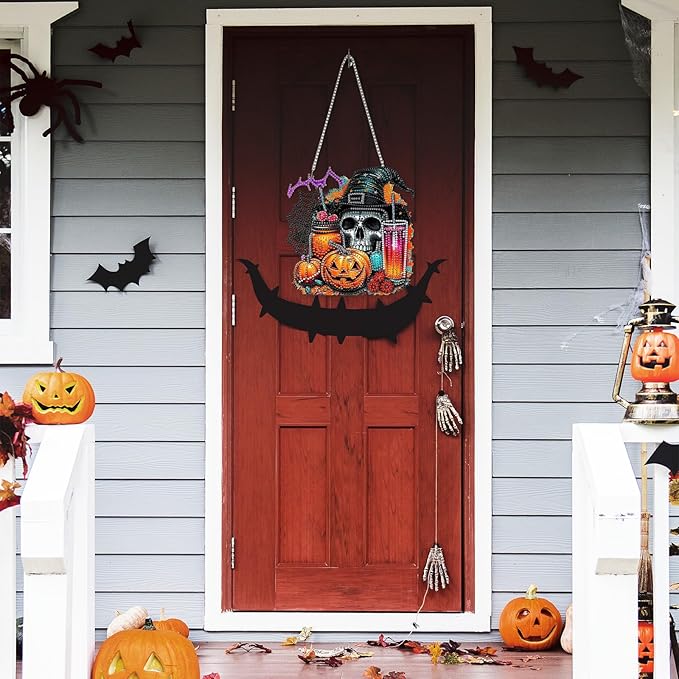 RICUVED Diamond Art Hanging Kit for Adult, Skull Special Shaped Crystal Gem Craft Halloween Diamond Painting Pendant Kit for Beginners, DIY Pumpkin Hanging Diamond Art Ornament Kit for Home Garden