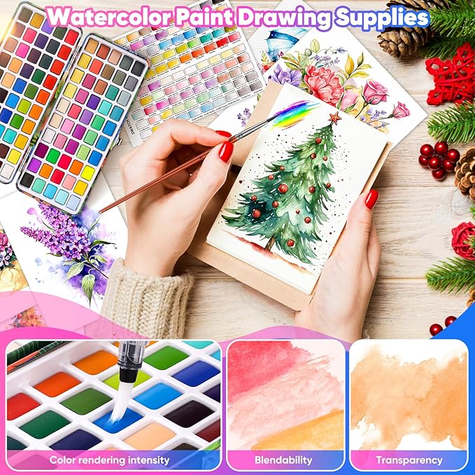 Taotree Watercolor Paint Set 100 Colors, Art Supplies Watercolors Kit Travel Water Colors with 3 Paints Brushes, Crafts Painting Supplies, Drawing for Adults Artist Drawing, Painting