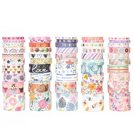 50 Rolls Washi Tape Set, Assorted Sizes, for Junk Journal Scrapbook, Bullet Journaling Scrapbooking Supplies, Planner Sticker DIY Craft Decor (Whimsical Doodles)