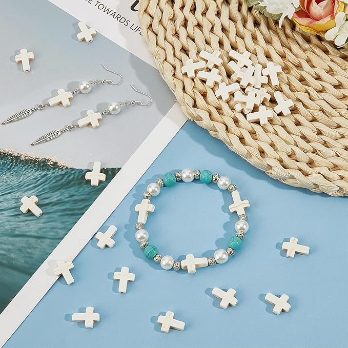 SUNNYCLUE 1 Box 100Pcs White Turquoise Cross Beads Synthetic Turquoise Stone Bead 12x16mm Easter Mini Small Cross Beads for Jewelry Making Charms Beading Supplies DIY Bracelet Necklace Adult