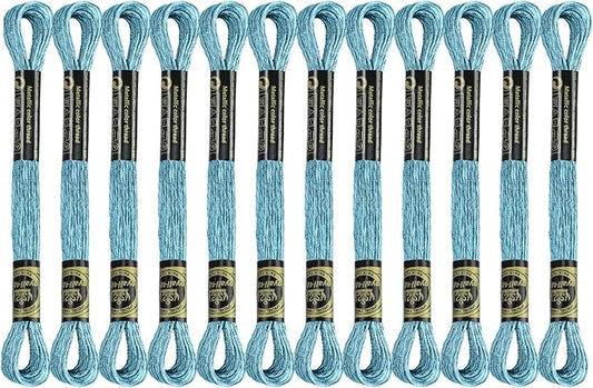 12 Skeins Embroidery Floss, Lake Blue Metallic Embroidery Thread Polyester Cross-Stitch Threads for Hand Embroidery String Art DIY Creation