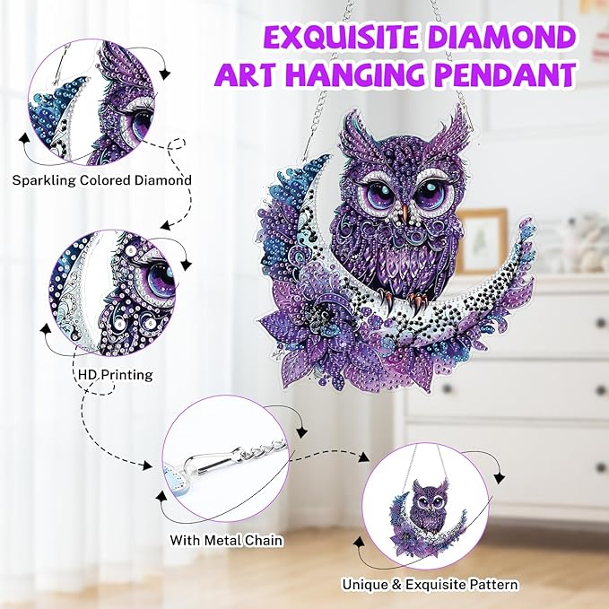 Bowetile Owl Diamond Art Hanging Kits for Adults, 5D Special Shape Diamond Painting Moon Pendant Kits, Gem Art Suncatchers Painting Window Ornament for Home Garden Wall Decor