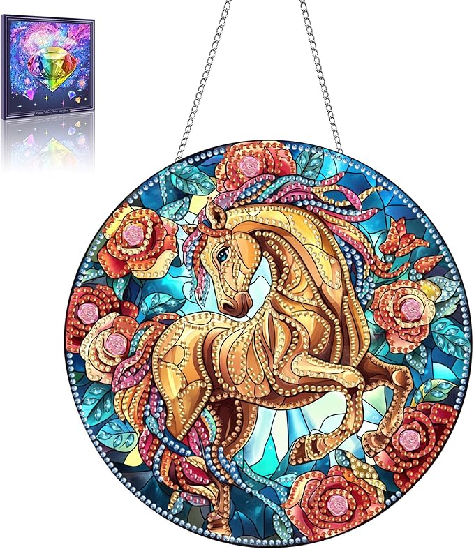 Wergund 5D DIY Horse Diamond Art Hanging Kits, Hanging Diamond Art Rose, Acrylic Special Shaped Rhinestone, Window Hanging Pendants for Home Wall Garden Front Door Outdoor Decor Gift(Horse)