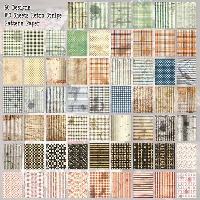 180 Sheets Vintage Stripe Pattern Scrapbook Paper, 3.9x5.5 Inch, 6 Assorted Set Background Decorative Paper Ephemera for Junk Journaling Supplies, Scrapbooking, Collage