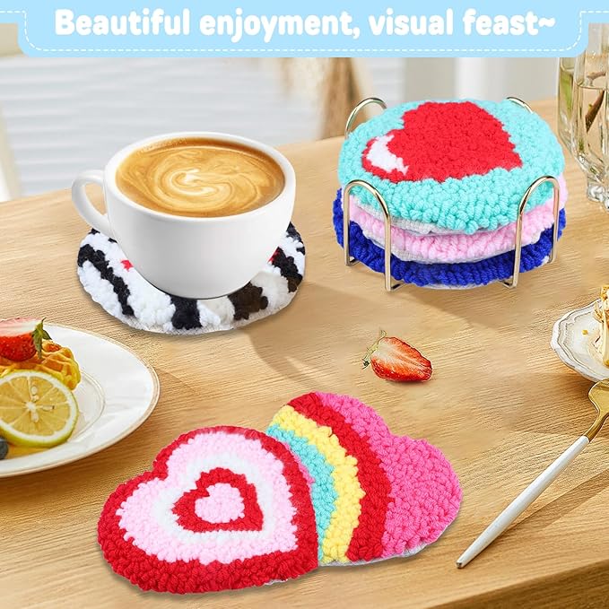 AIRDEA Punch Needle Drink Coasters Kit,Casual Punch Needle Embroidery Complete Kits for Beginner 3.29x3.29 Inches,Included All Accessories,DIY Car Coasters (Purple Pink)
