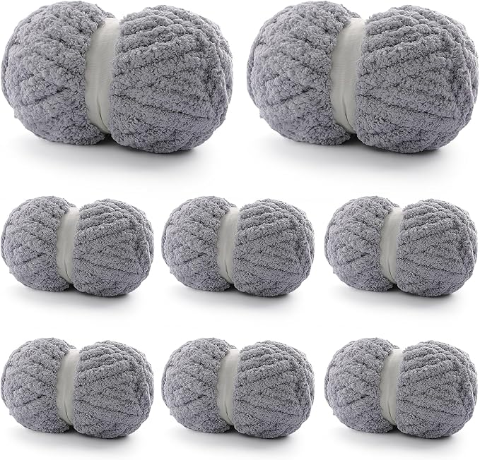 8 Pack Chunky Yarn for Hand Knitting - Chenille Yarn for Crocheting - 224 Yds Chunky Blanket Yarn Jumbo, Thick Fluffy for Knitting Blankets, Super Bulky Yarn 61.6 Oz (Light Gray)