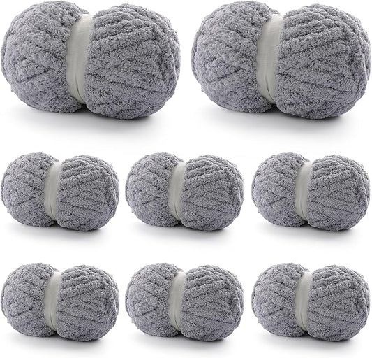 8 Pack Chunky Yarn for Hand Knitting - Chenille Yarn for Crocheting - 224 Yds Chunky Blanket Yarn Jumbo, Thick Fluffy for Knitting Blankets, Super Bulky Yarn 61.6 Oz (Light Gray)