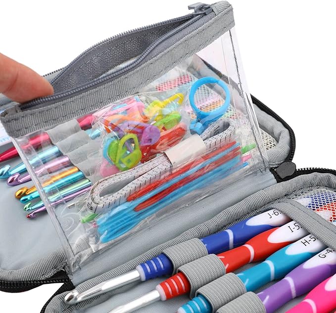 LOOEN 62PCS Crochet Hook set with Case, 9 pcs Rubbery Handles crochet hooks 2.0MM-6MM and Aluminum Crochet Hooks Set 2.0MM-8MM, Comfort Grip Crochet Hook Set for Beginners and Crochet Lovers(A - Pink)