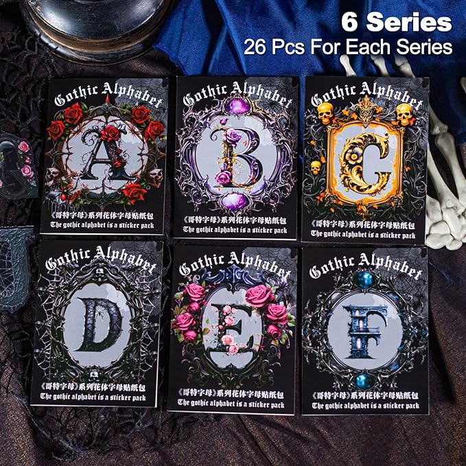 156Pcs Gothic Themed Alphabet PET Stickers, Vintage Floral and Castle Letter Stickers for Scrapbooking, DIY Crafts, and Artistic Journaling, with Organizer