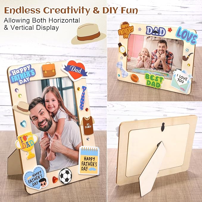 Fovths 12 Packs Father's Day Picture Frame Painting Craft Kit Wooden DIY Photo Frame for 4 x 6 inch Photo with 100 Stickers Rhinestone Stickers 4 Brushes Set for DIY Paint and Decorate