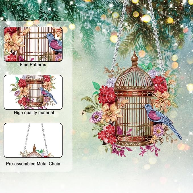 Flower Birdcage Design DIY Diamond Art Painting Wreath Kits Special Shaped Rhinestone Diamond Art Window Pendants Home Garden Wall Hanging Kits (Single Side Point Drill) (#11-Cat) (#03-Bird)