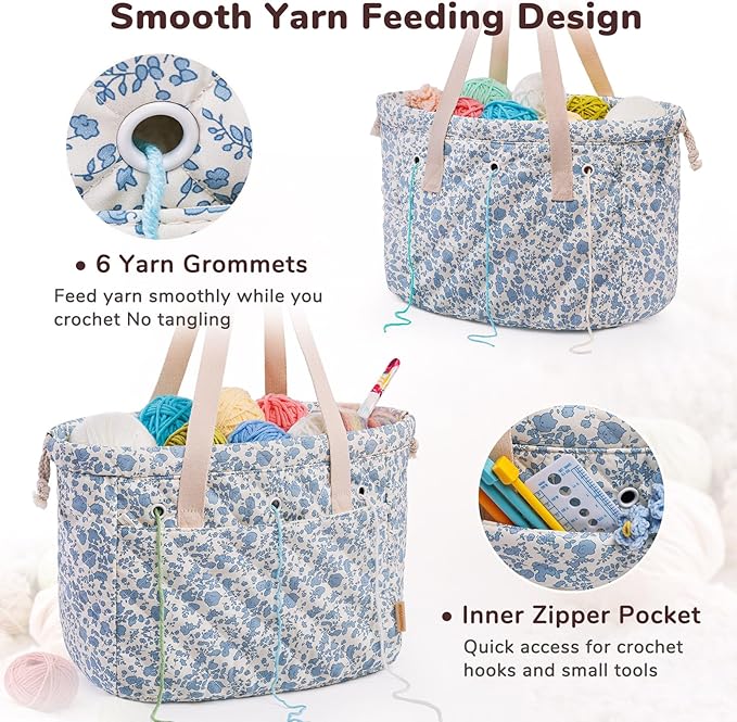 MYBAGZING Portable Crochet Bag Organizer with Crochet Hook Organizer Roll, Quilted Yarn Storage Tote with Grommets, Knitting Project Bag for Yarn & Accessories, Floral Craft Tote Gift for Crocheters