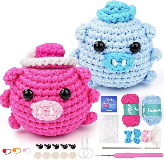 Vanttokeey Crochet Kit for Beginners, Animal Amigurumi Crochet Kits Included, Step-by-Step Video Tutorials, Beginner Crochet Kit for Adults and Kids, Crocheting Starter Set (Pig RoBo)