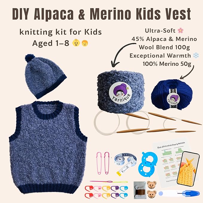 yarnique learn to knit kit for beginners - complete baby knitting kit with italian boucle & merino wool - beginner knitting kit for adults moms - diy baby vest & hat starter set with video tutorials