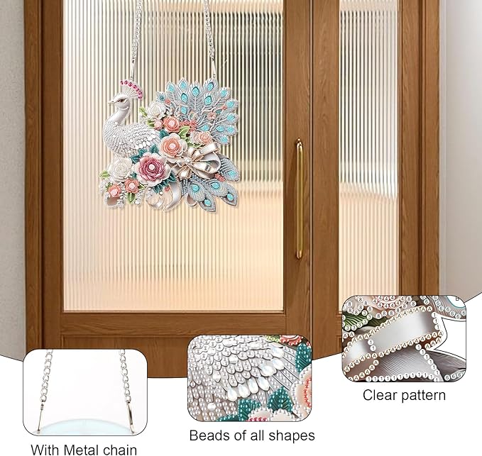 MVVMTOP Diamond Art Painting Hanging Pendant, DIY Peacock 5D Special Shape Crystal Diamond Art Partial Mosaic Making Craft Wreath Ornaments, Large Size Home wall Decor Window Decoration Handmade Gift