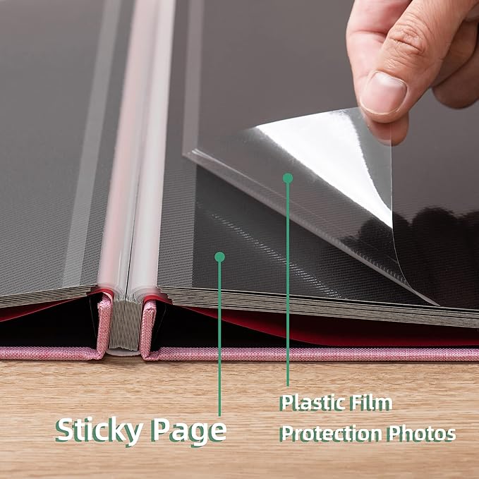 Large Photo Album Self Adhesive 4x6 8x10 10x12 13"x12.6" Scrapbook Album 12.6"x11" Inch 60 Black Sticky Pages Linen Cover Magnetic Photo Album with A Metallic Pen and DIY Stickers(Pink)