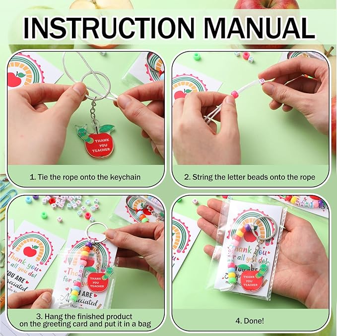 Suncalla 984 Pcs 24 Set Teacher Appreciation Gifts Keychain Making Kit DIY Cute Apple Charm Beads Key Chain Crafts Thank You for All You Do Adjustable Letter Cards Strings Kit Teacher Day Gift