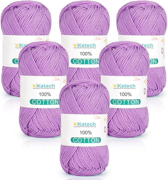 Katech Pure Cotton Yarn for Crocheting & Knitting–Soft Sport Weight CYC #2, 6 Skeins (50g Each, 300g Total), Ideal Crochet Yarn for Dishcloths, Baby Clothes, Socks, Lightweight Scarves（Violet ）
