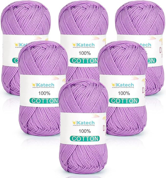 Katech Pure Cotton Yarn for Crocheting & Knitting–Soft Sport Weight CYC #2, 6 Skeins (50g Each, 300g Total), Ideal Crochet Yarn for Dishcloths, Baby Clothes, Socks, Lightweight Scarves（Violet ）