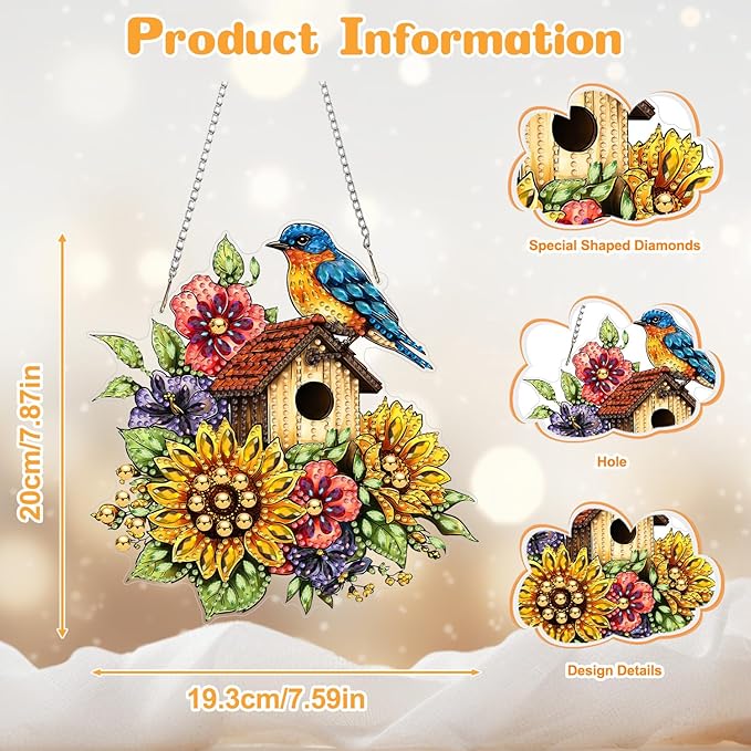 AIRDEA Birds Hanging Diamond Painting Kits,Special Shaped Diamond Art Kits for Beginner Sunflowers and Birds,Gem Art Pendant Decor 7.87x7.59in