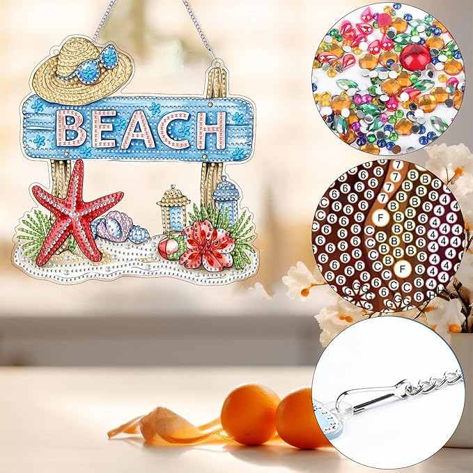 Bimkole Beach Diamond Art Hanging Kit for Adult, DIY 5D Diamond Painting Starfish Window Pendant, Acrylic Crystal Art Hanging Ornament Home Wall Garden Front Door Sign Outdoor Decor 7.8x7.8 Inch