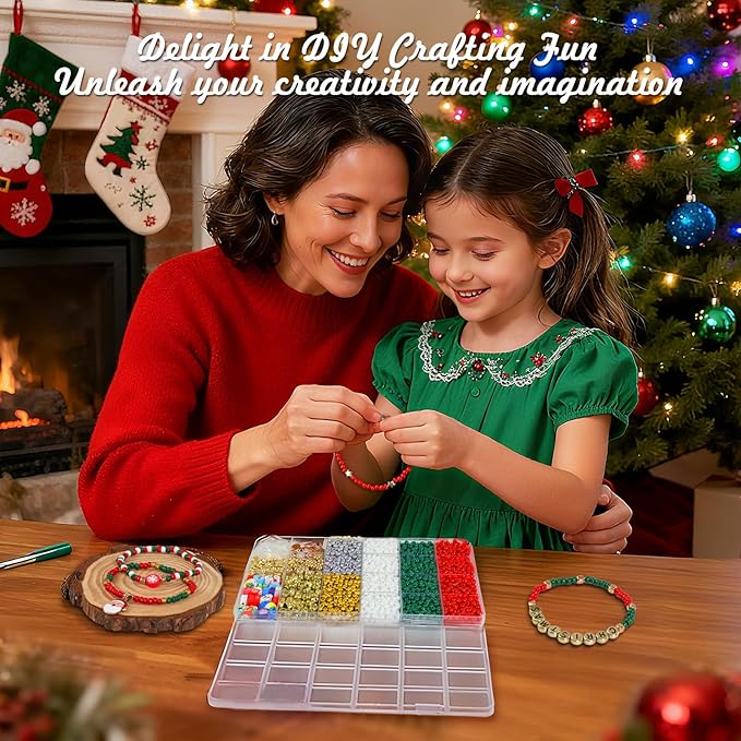 Redtwo Christmas Bracelet Making Kit, 2100 Pcs 4mm Glass Seed Beads Friendship Bracelet Kit, Holiday DIY Craft with Christmas Charms, Gifts for Crafts Lover