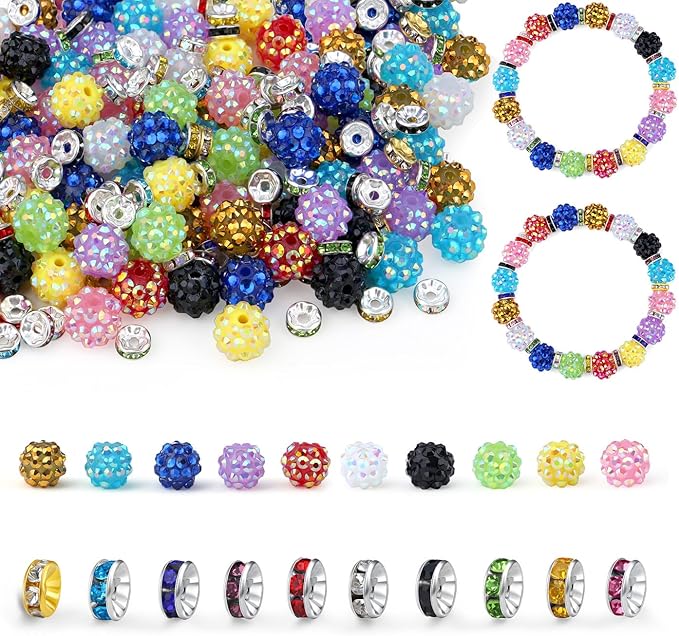 LAIDANLA Mixed 10 Colors 250pcs 12mm Rhinestone Beads and 8mm Rondelle Spacer Beads for Beaded Pens, Shiny Shamballa Disco Ball Bead for Pens DIY Jewelry Making Bracelet Necklace Earring