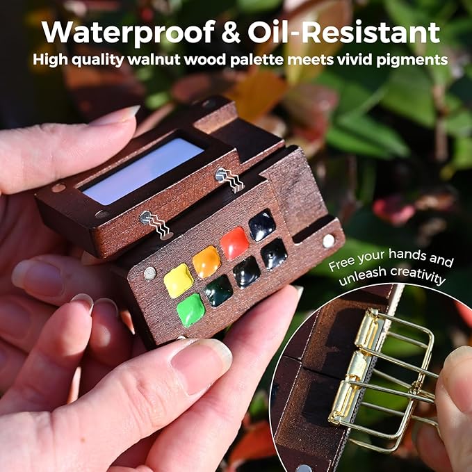 Funto Mini Watercolor Paint Set, All-in-One Walnut Wood 8-Color Premium Pocket Travel Paint Kit, with Crossbody Bag, Watercolor Journal, Metal Clip, Paint Water Cup, Water Brush, Ideal for Art Lovers