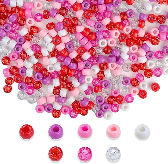 1000PCS 6x9mm Valentine's Day Red Theme Pony Beads Bulk, 15 Color Kandi Beads for Bracelets Making Kit, Hair Braids Crafts Jewelry Making Crafts Friendship Necklace Earrings DIY (Red Mixed Color)