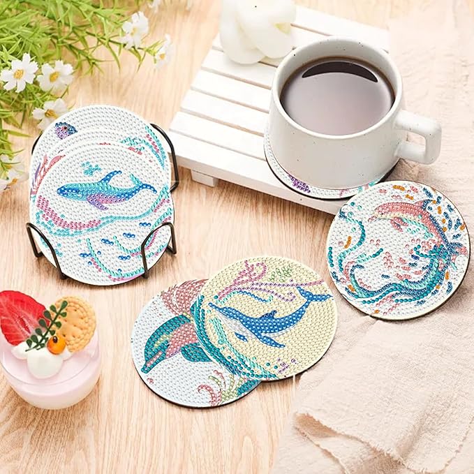 EWJRNSF 10 PCS Diamond Art Coasters Kit, Small Diamond Painting Coasters, Fall Diamond Art Kits for Adults Beginners, Arts and Crafts Supplies Item Sets with Holder Ocean