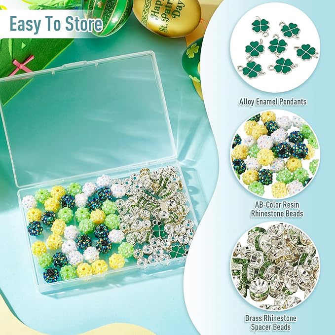 Cheriswelry St.Patrick's Day Jewelry Making Kit Green Clover Four Leaf Charms Clay Disco Ball Beads Flat Round Rhinestone Spacer Bead for DIY Necklace Bracelet Earring Accessories 137Pcs/Set