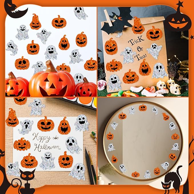 beyumi halloween pumpkin ghost stickers - 1000pcs halloween laser pumpkin ghost boo stickers in 2 rolls holographic sparkly glitter adhesive decals gift party school classroom envelope decor for kids