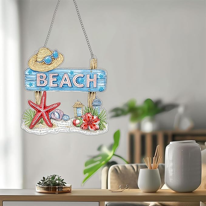 Bimkole Beach Diamond Art Hanging Kit for Adult, DIY 5D Diamond Painting Starfish Window Pendant, Acrylic Crystal Art Hanging Ornament Home Wall Garden Front Door Sign Outdoor Decor 7.8x7.8 Inch
