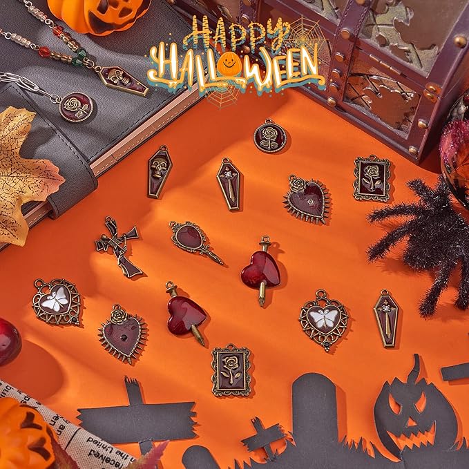 WEWAYSMILE 18Pcs Halloween Charm Pendant & Earring Making Kit - Skull, Heart, Cross Jewelry DIY Necklace, Bracelet, Earring Accessories