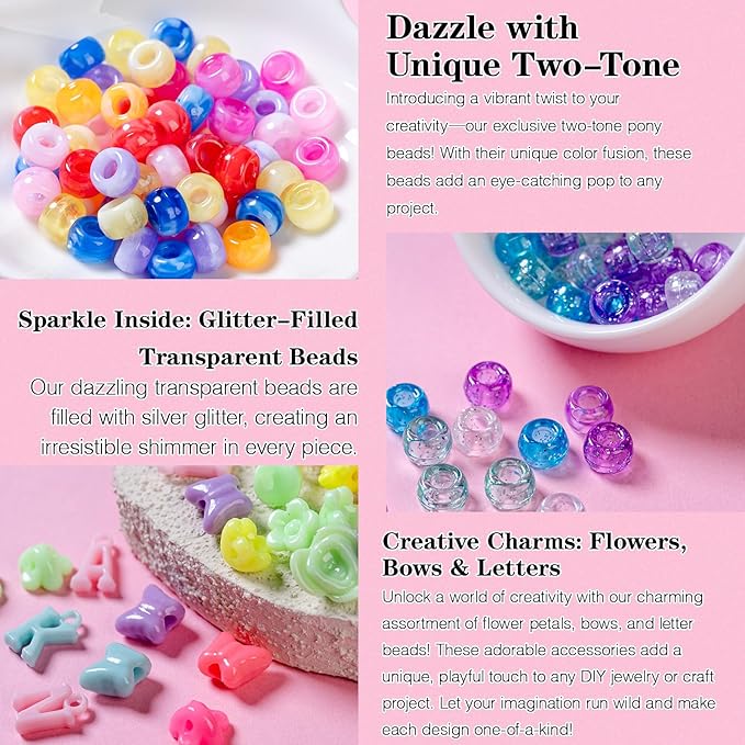 SJZWSD 5 Boxes Bracelet Making Kit Pony Beads, 6x9mm Kandi Rave & Hair Beads Set with UV Color Changing, Glow-in-Dark, Chrome & Alphabet Letters for Friendship Jewelry DIY Crafts