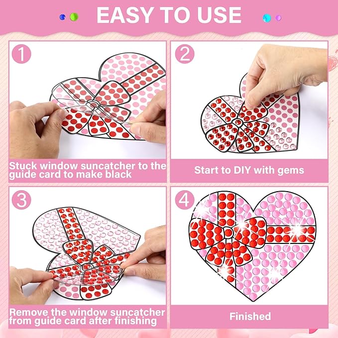 Qyeahkj 6 Pcs Valentine's Day Arts Crafts DIY Heart Bear Gem Diamond Suncatcher Crafts for Kids Valentines Diamond Painting Gifts Exchange for Kids Aged 4 6 8 10 12 for Home School Party Decor