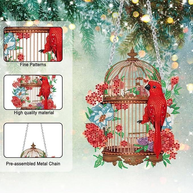 Flower Birdcage Design DIY Diamond Art Painting Wreath Kits Special Shaped Rhinestone Diamond Art Window Pendants Home Garden Wall Hanging Kits (Single Side Point Drill) (#11-Cat) (#04-Bird)