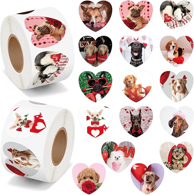 beyumi valentine realistic dog sticker - 1000pcs valentine's day realistic dog stickers in 2 rolls for kids valentine animal heart waterproof decal greeting card envelope scrapbooking party gift decor