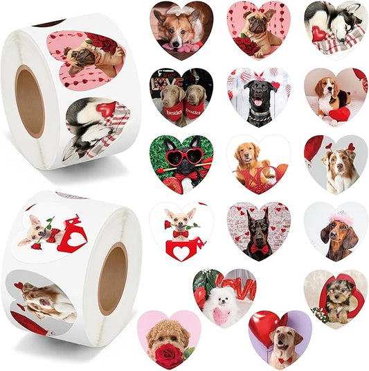 beyumi valentine realistic dog sticker - 1000pcs valentine's day realistic dog stickers in 2 rolls for kids valentine animal heart waterproof decal greeting card envelope scrapbooking party gift decor