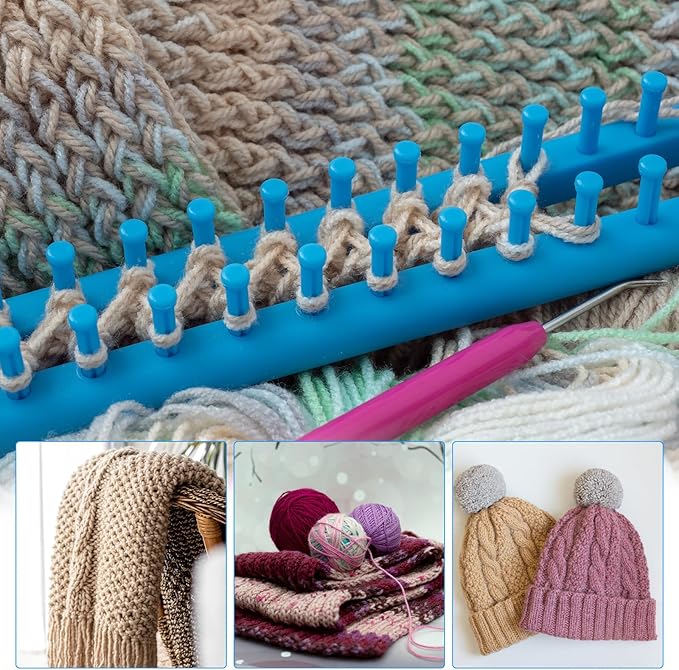 PATIKIL 62 Hooks 58cm Knitting Loom Machines Kit, Plastic Darning Weave Tool with Accessories for Scarf Sweater Shawl Blankets Mending Weaving Stitching, Blue