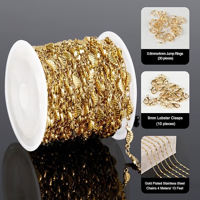 YOUBEIYEE 4 Meters Gold Plated Leaf Chain for Jewelry Making Stainless Steel Jewelry Making Chain Roll with Jewelry Accessories