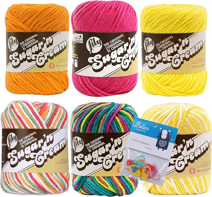 Lily Sugar'n Cream 100% Cotton Yarn 6-Pack Bundle with Bella's Crafts Stitch Markers (Orange, Pink, Yellow Mix)
