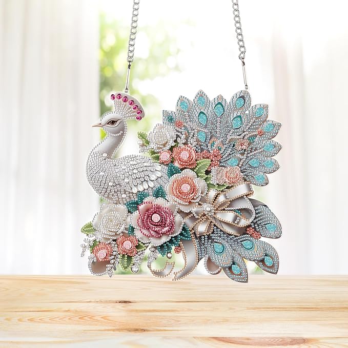 MVVMTOP Diamond Art Painting Hanging Pendant, DIY Peacock 5D Special Shape Crystal Diamond Art Partial Mosaic Making Craft Wreath Ornaments, Large Size Home wall Decor Window Decoration Handmade Gift