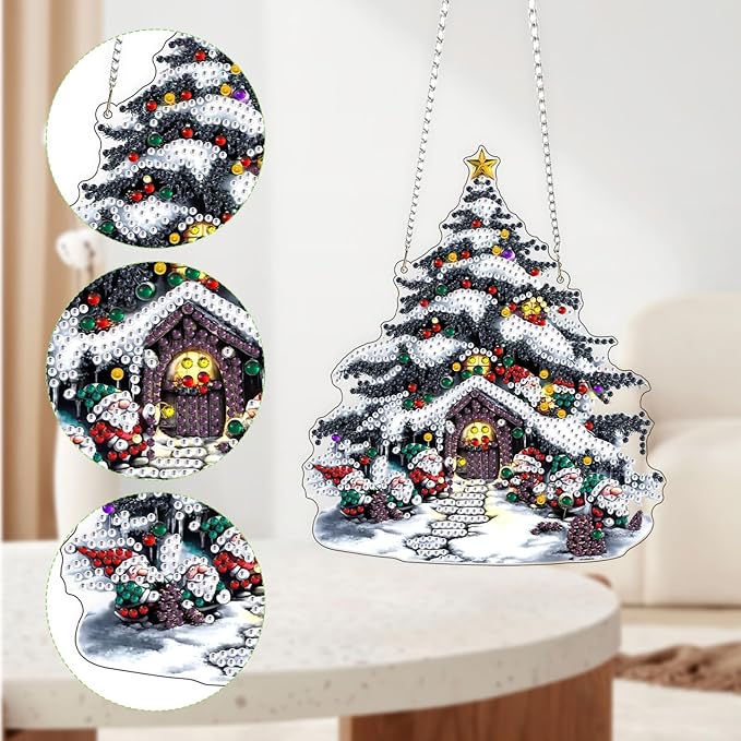 QENSPE Christmas Tree House Hanging Diamond Art with Chain,5D Special Shape Diamond Paingting Ornaments Kits,Festive Cottage Easy DIY Crystal Pendant Gem Art for Home Garden Wall Decor 8X8 inch