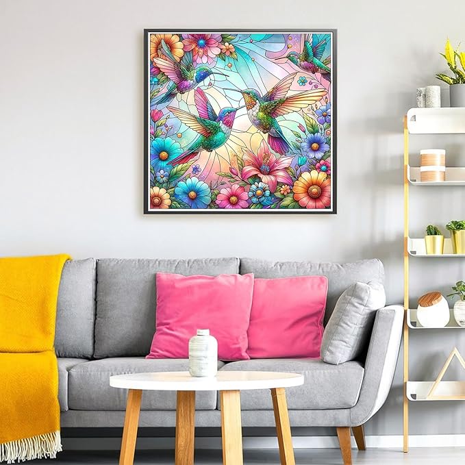 EIBEILI Diamond Painting Kits for Adults, Stained Glass Hummingbird Art for Beginner DIY Round 5D Paint with Diamonds Pictures Gem Full Drill Diamond Dots Crystal for Home Wall Decor Gifts 12x12in