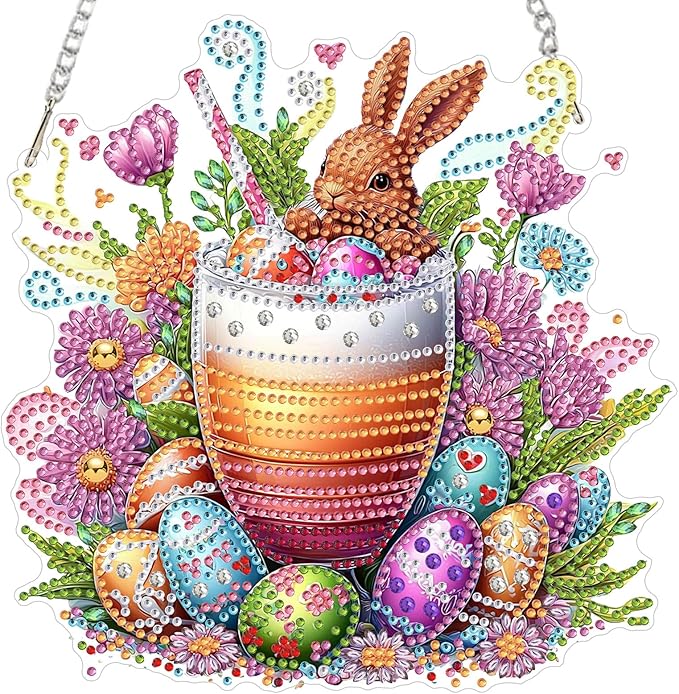 RICUVED Easter Diamond Art Hanging Kit for Adult, Drink Special Shaped Diamond Painting Pendant Kit, Eggs Art Suncatchers Double Sided Hanging Acrylic Window Ornament for Home Garden Decor