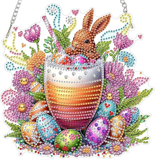 RICUVED Easter Diamond Art Hanging Kit for Adult, Drink Special Shaped Diamond Painting Pendant Kit, Eggs Art Suncatchers Double Sided Hanging Acrylic Window Ornament for Home Garden Decor