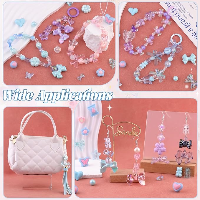 200-260pcs tinkrstuff assorted acrylic beads blue cute beads for bracelet making, bow aesthetic gummybear flower candy butterfly kawaii charms for jewelry making diy necklace keychain phone charm